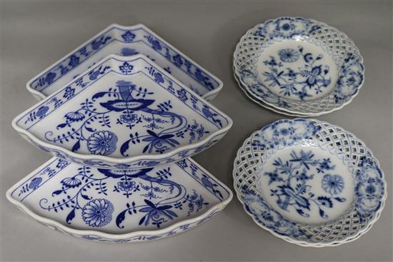 A set of four Meissen blue and white dessert dishes and three hors doeuvres fan shaped supper dishes (7)